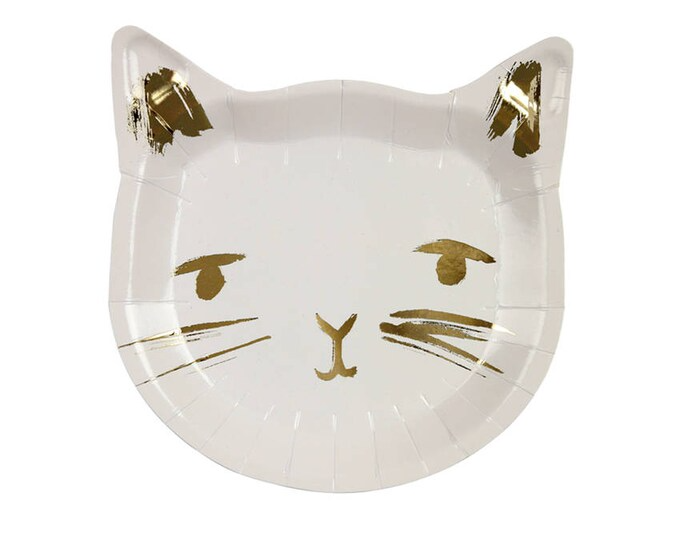 Platos para gatos, juego de 8 platos troquelados Meri Meri dorados y blancos para fiestas, adorables para un gatito.