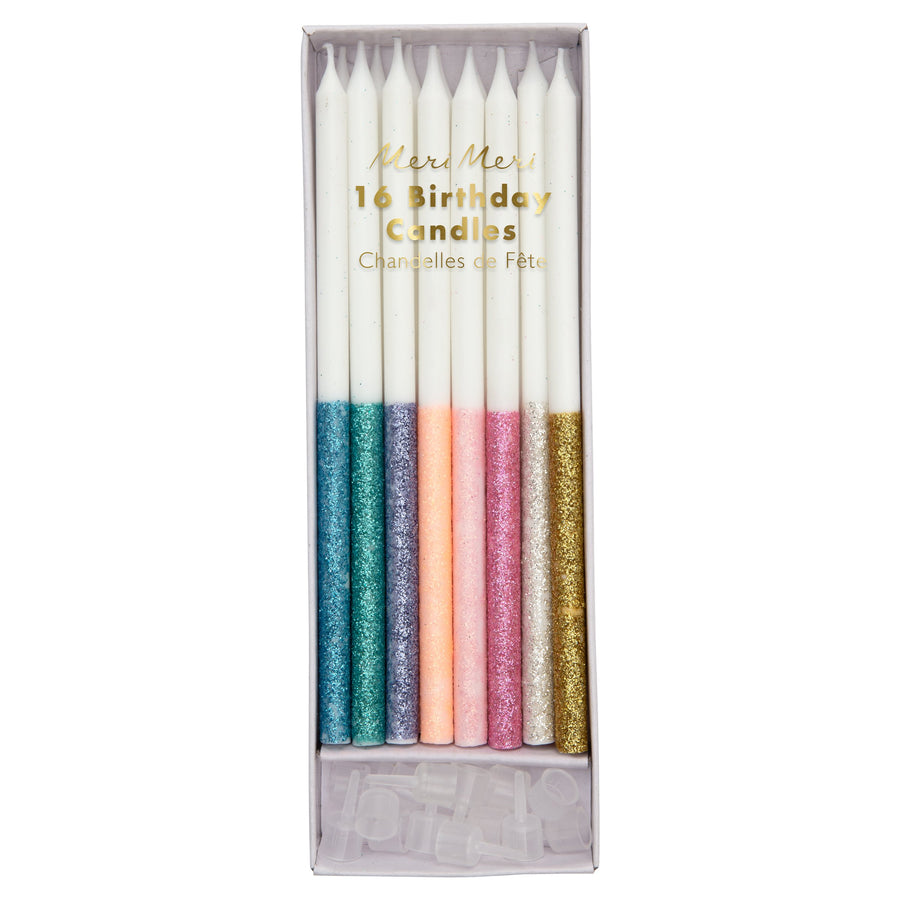 Velas multicolores con purpurina sumergida (x 16)